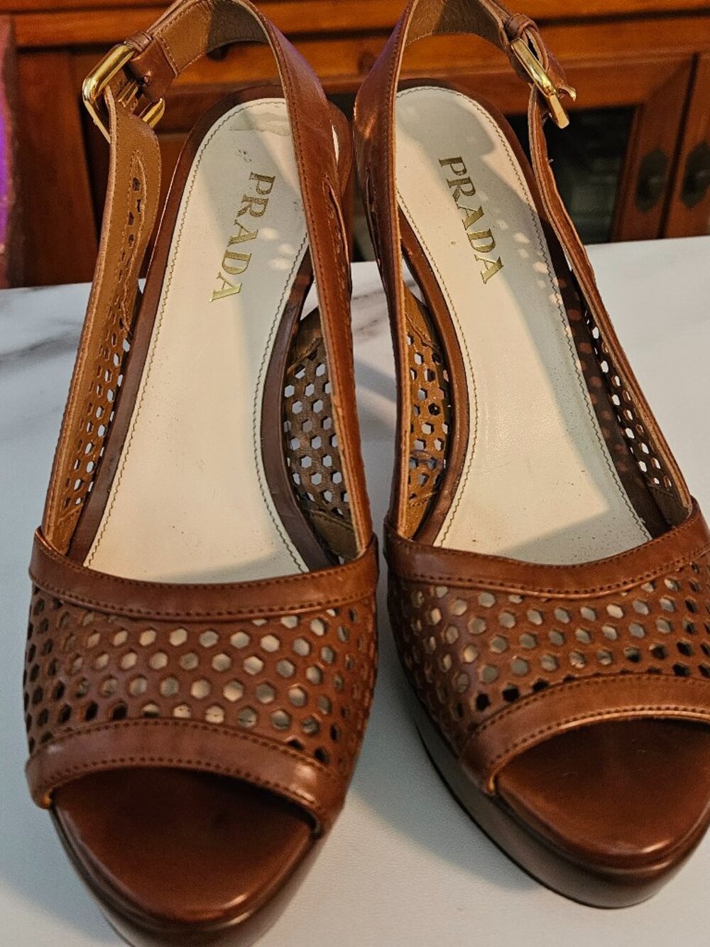 Prada 36 6 brown leather tortilla geometric laser cut platform slingbacks